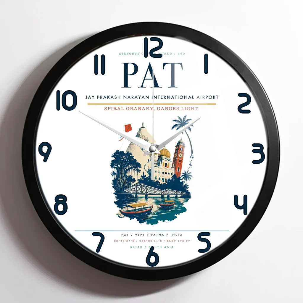 Jay Prakash Narayan International Airport (PAT) design on white framed wall clock