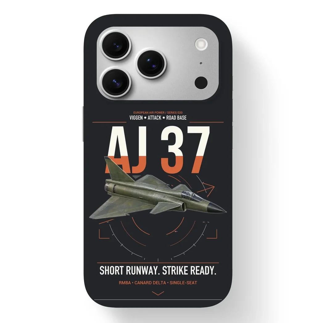 Saab AJ 37 Viggen design on black magsafe iphone case, for iPhone 17 Pro