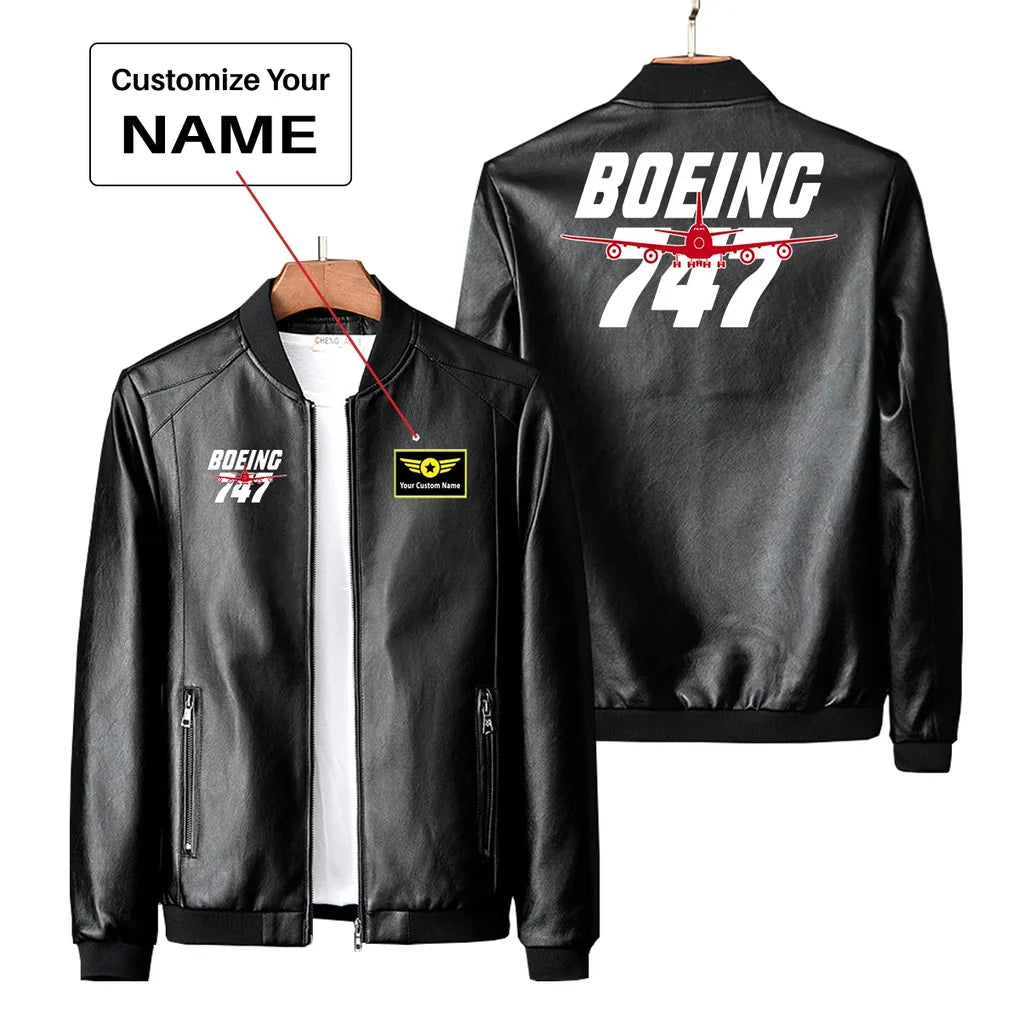 Amazing Boeing 747 PU aviation design printed on genuine leather with quilted lining leather jacket.