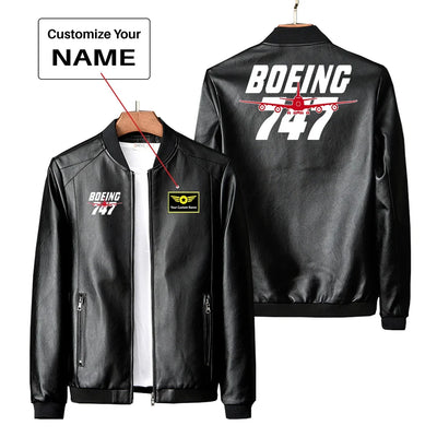 Amazing Boeing 747 PU aviation design printed on genuine leather with quilted lining leather jacket.