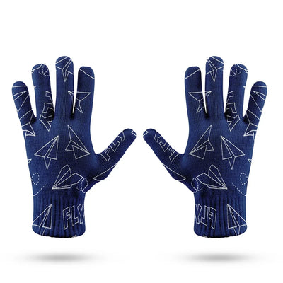 Paper Airplane & Fly (Blue) aviation design on soft knit fabric gloves.