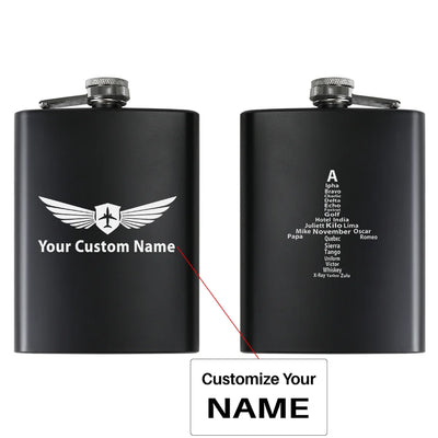 Airplane Shape Aviation Alphabet aviation design on stainless hip flask, compact pocket-size flask.