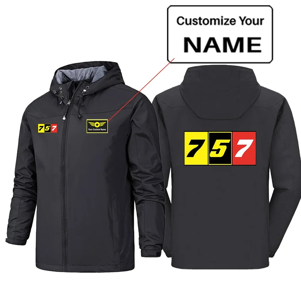 Flat Colourful 757 Rain Jackets & Windbreakers aviation design printed on waterproof shell with sealed seams rain jacket.