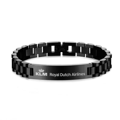 KLM Royal Dutch Airlines aviation chain bracelet, stainless steel body with engraved detail.