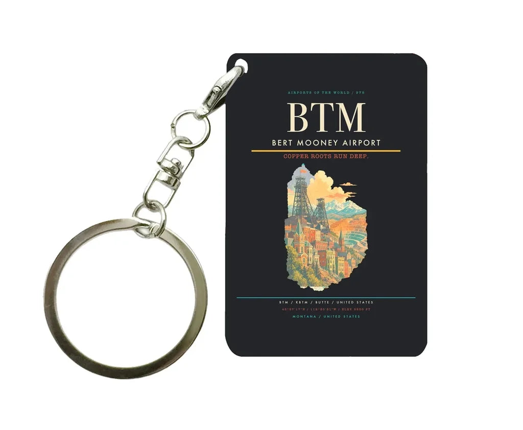 Bert Mooney Airport (BTM) design on black key chain