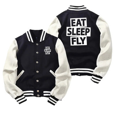 Eat Sleep Fly Baseball Style aviation design printed on two-tone shell with ribbed cuffs baseball jacket.