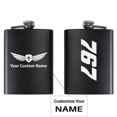 Boeing 767 Text aviation design on stainless hip flask, compact pocket-size flask.