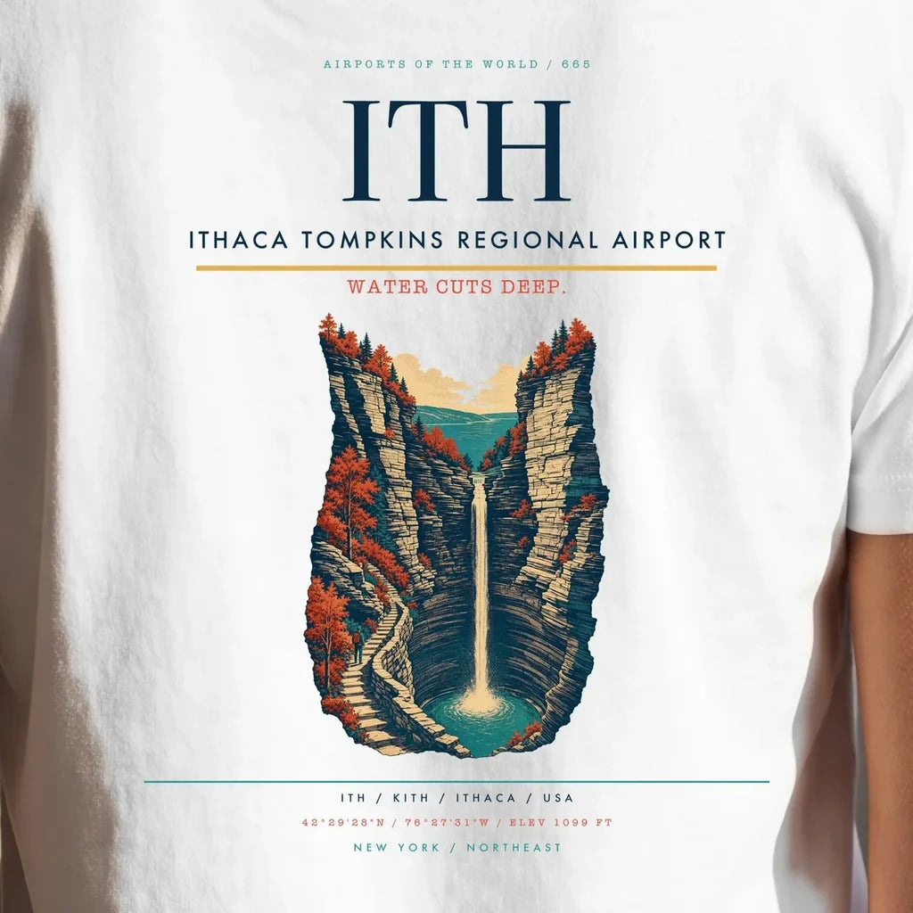 Ithaca Tompkins Regional Airport (ITH) double-side t-shirt design close-up cover
