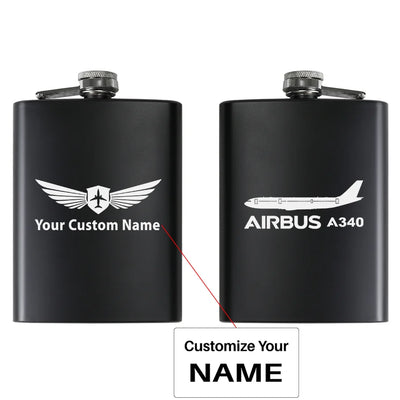 The Airbus A340 aviation design on stainless hip flask, compact pocket-size flask.