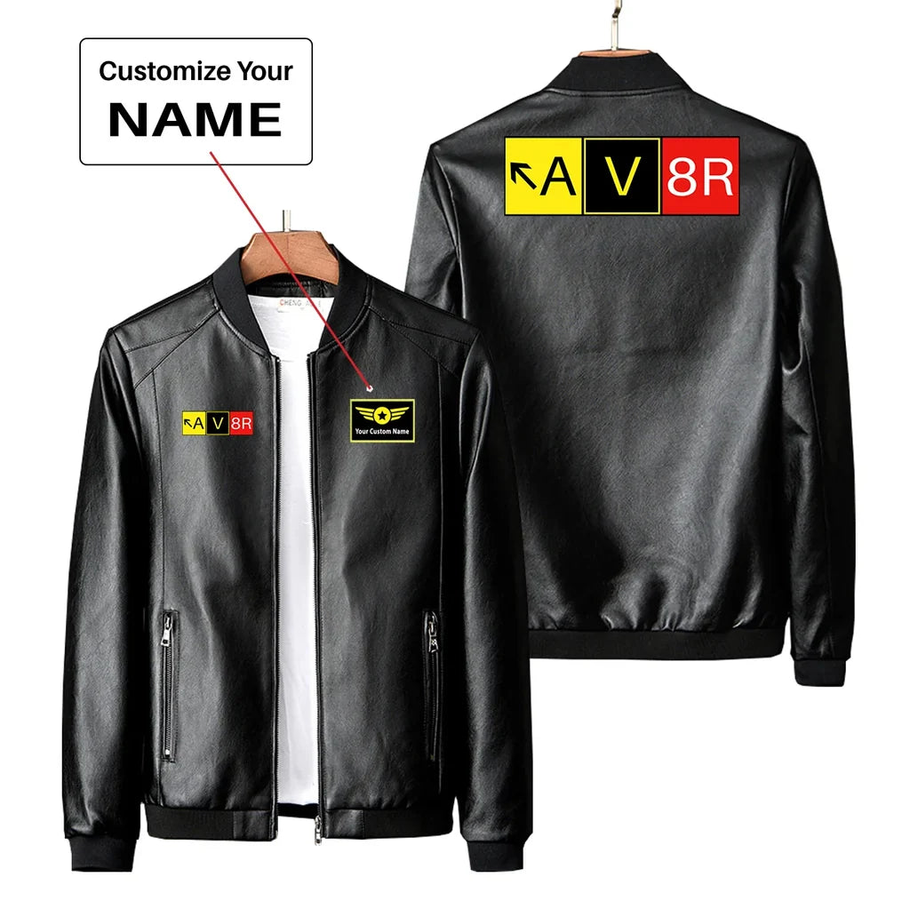 AV8R PU aviation design printed on genuine leather with quilted lining leather jacket.