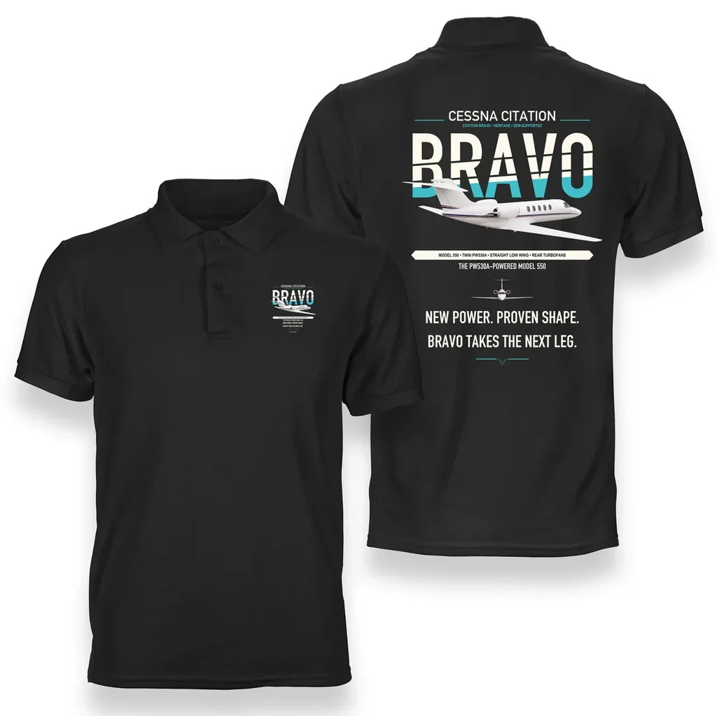 Cessna Citation Bravo design on black double-side polo t-shirt, double-side print