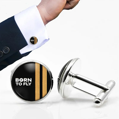 Side view of Born To Fly & Pilot Epaulettes (2 Lines) aviation cuff links in polished metal, polished finish.