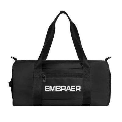 Embraer & Text aviation design sports bag, durable nylon construction.