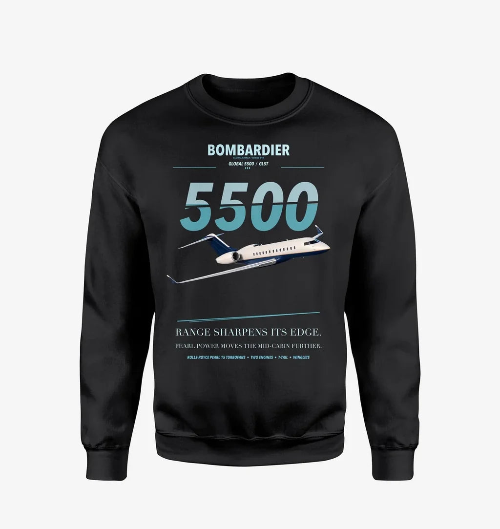 Bombardier Global 5500 design on black sweatshirt