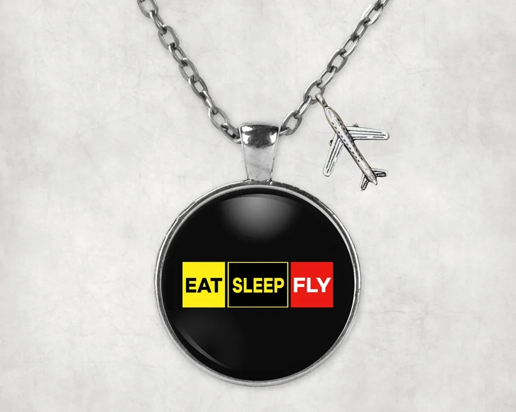 Side view of Eat Sleep Fly (Colourful) aviation necklace in stainless steel, polished finish.