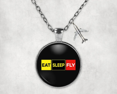Side view of Eat Sleep Fly (Colourful) aviation necklace in stainless steel, polished finish.