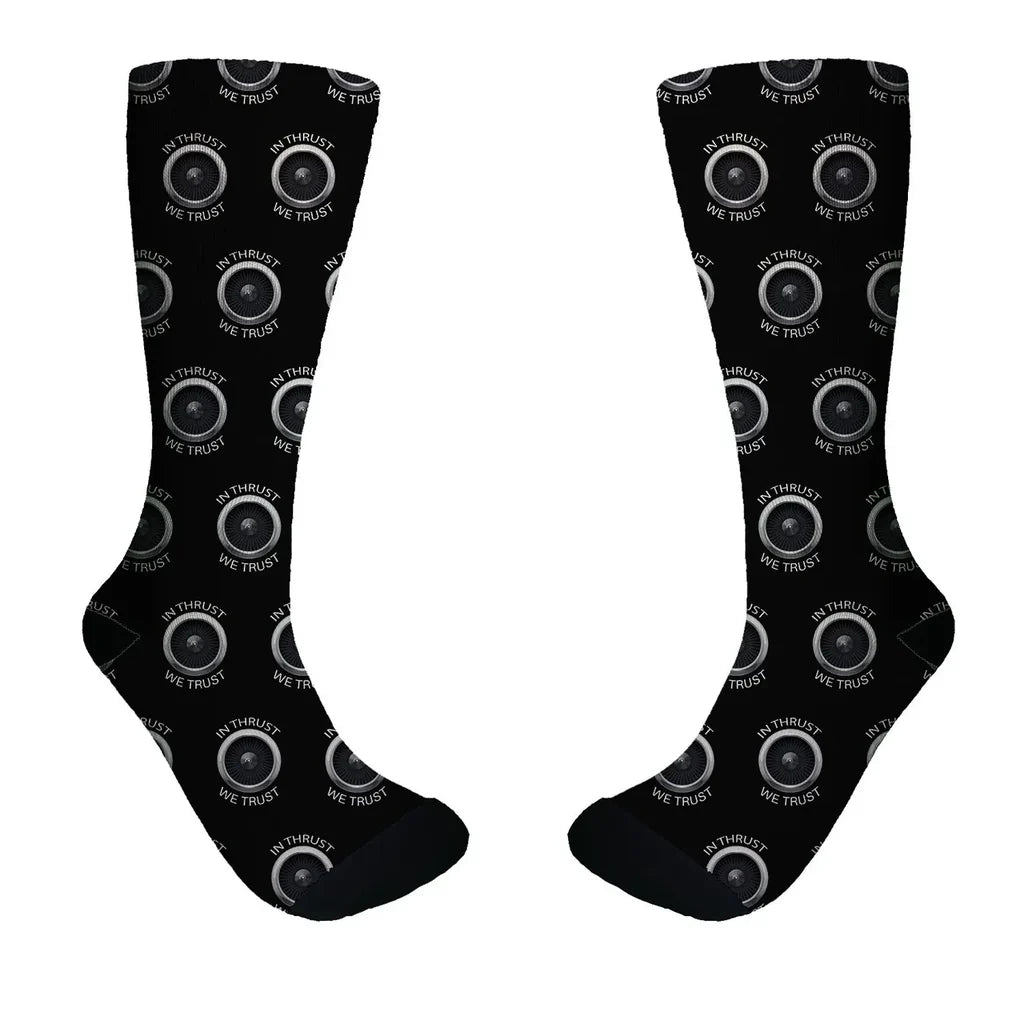In Thrust We Trust aviation design on soft cotton blend socks.