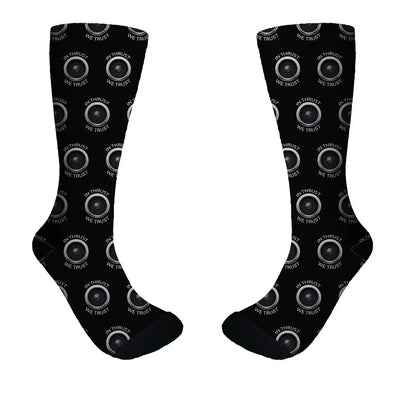 In Thrust We Trust aviation design on soft cotton blend socks.