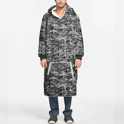 Dark Coloured Airplanes aviation design on soft fleece blanket hoodie.