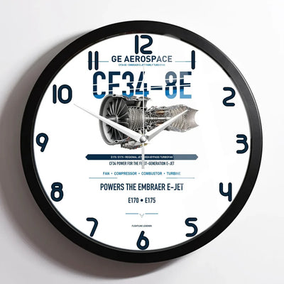 CF34-8E design on white framed wall clock