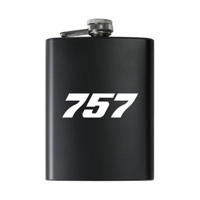Boeing 757 Flat Text aviation design on stainless hip flask, compact pocket-size flask.