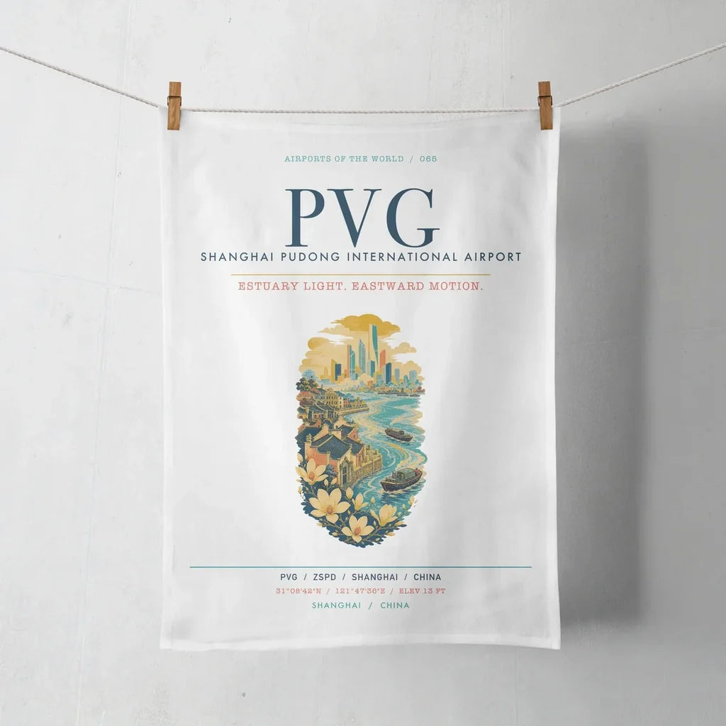 Shanghai Pudong International Airport (PVG) design on white towel
