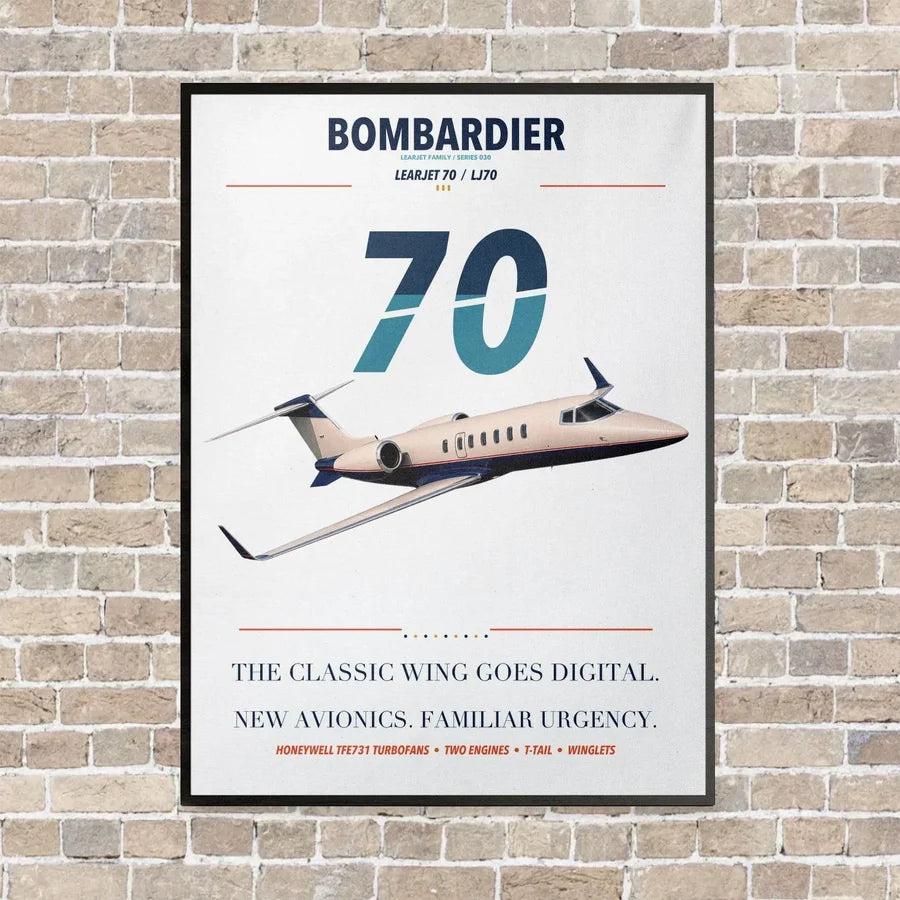Bombardier Learjet 70 vertical canvas print - framed - white background