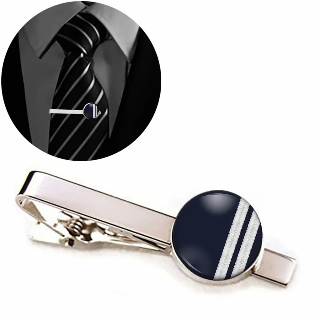 Side view of Special Silver Pilot Epaulettes 2 Lines aviation tie clip in stainless steel, polished finish.
