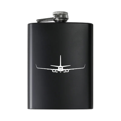 Boeing 737-800NG Silhouette aviation design on stainless hip flask, compact pocket-size flask.