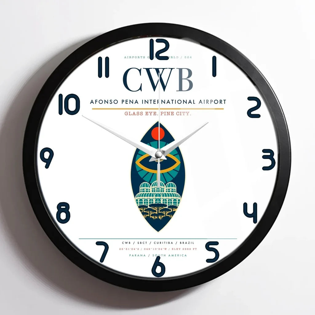 Afonso Pena International Airport (CWB) design on white framed wall clock