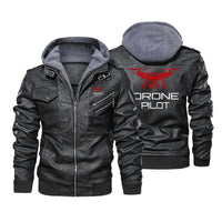 Thumbnail for Drone aviation design printed on genuine leather with detachable hood hooded leather jacket.