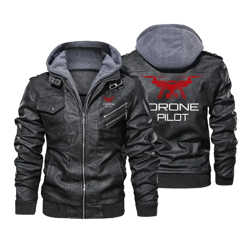 Drone aviation design printed on genuine leather with detachable hood hooded leather jacket.