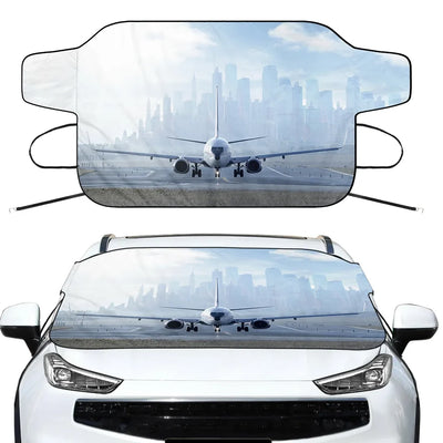 Boeing 737 & City View Behind Car aviation design on car windshield cover.