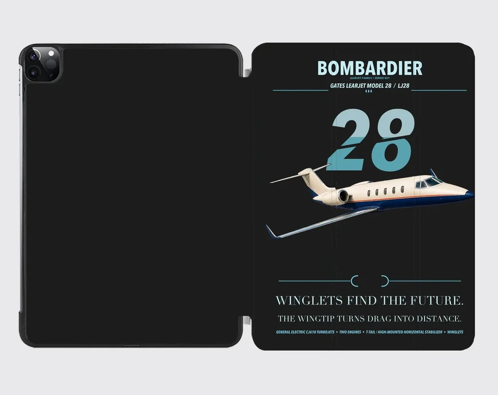 Bombardier Learjet 28 design on black ipad tablet case