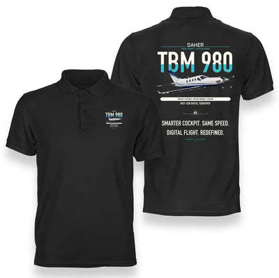 Daher TBM 980 design on black double-side polo t-shirt, double-side print