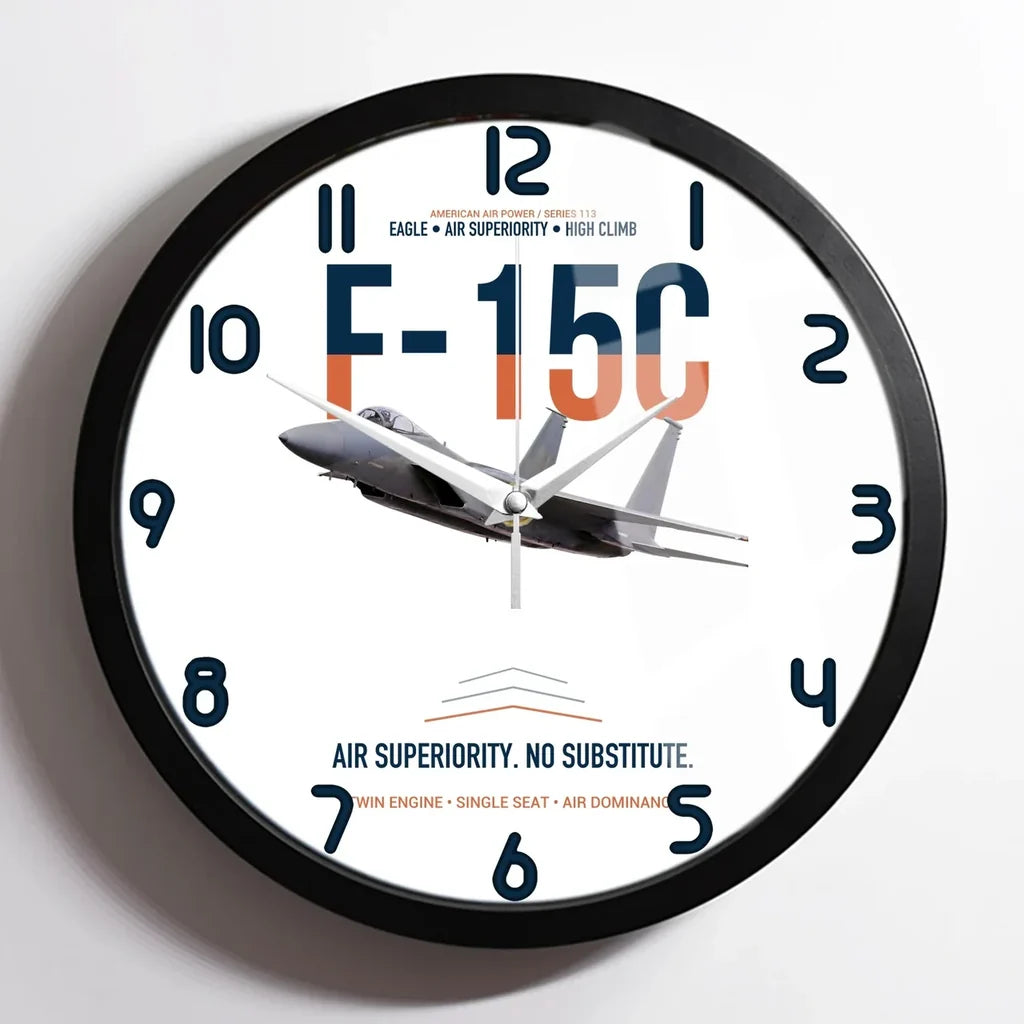 F-15C Eagle Air Superiority No Substitute design on white framed wall clock