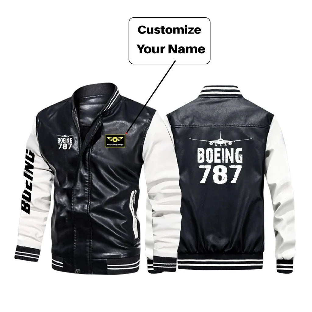Boeing 787 & Plane aviation design printed on genuine leather with modern tailored fit stylish leather jacket.