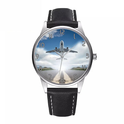Taking Off Aircraft aviation-themed watch with leather strap, polished leather strap.