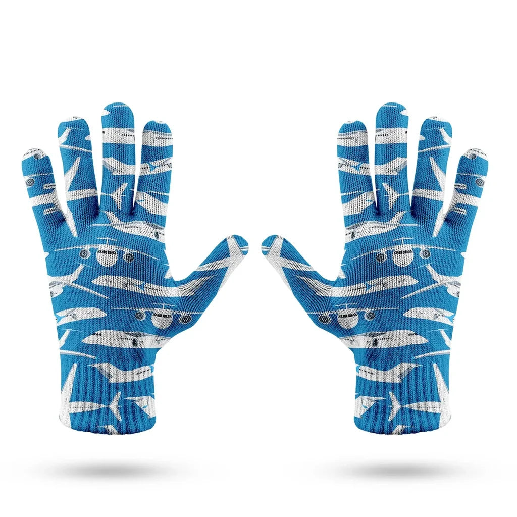 Big Airplanes aviation design on soft knit fabric gloves.