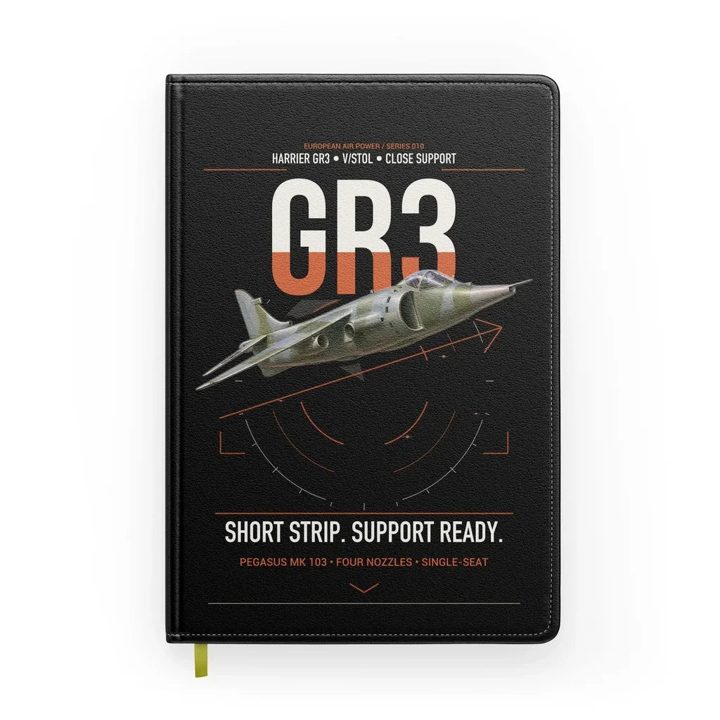 Hawker Siddeley Harrier GR3 design on black notebook