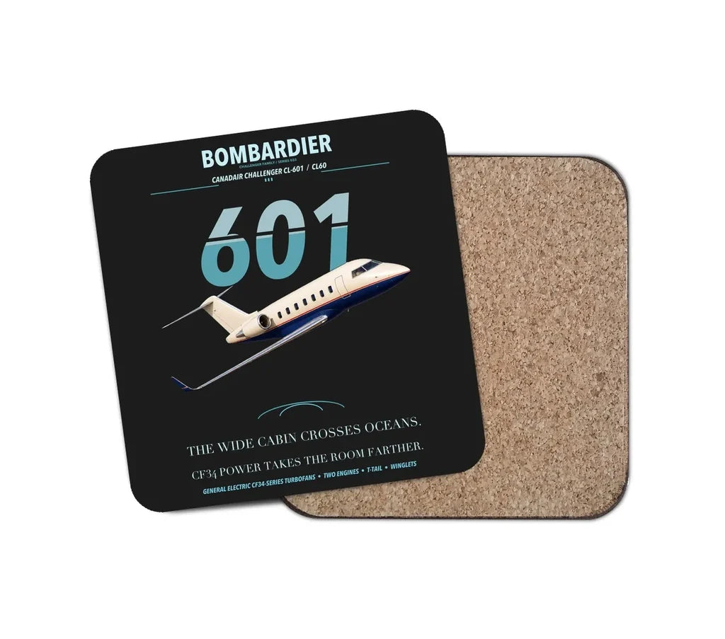 Bombardier Challenger 601 design on black 1 piece coaster