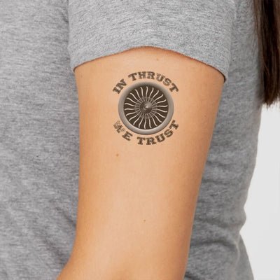 In Thrust We Trust (Vol 2) aviation temporary tattoo in skin-safe adhesive paper.
