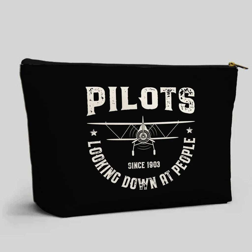 Pilots Looking Down at People Since 1903 aviation design zipper pouch, durable polyester construction.
