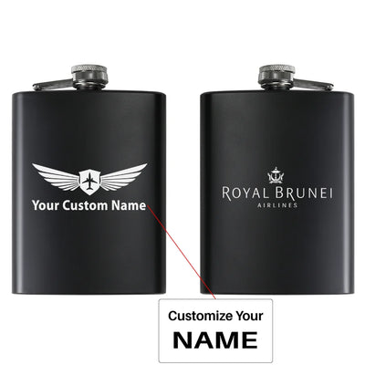 Royal Brunei Airlines aviation design on stainless hip flask, compact pocket-size flask.