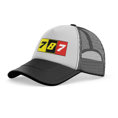 Flat Colourful 787 aviation embroidery on mesh-back cotton trucker cap.
