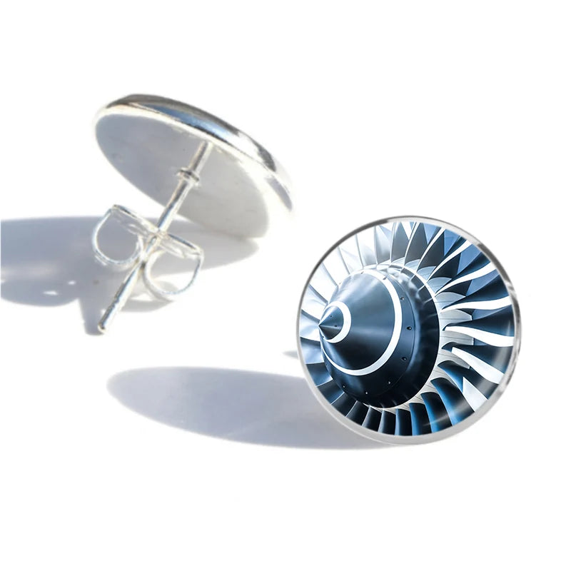 Side view of Blue Toned Super Jet Engine Blades Closeup aviation stud earrings in stainless steel, polished finish.