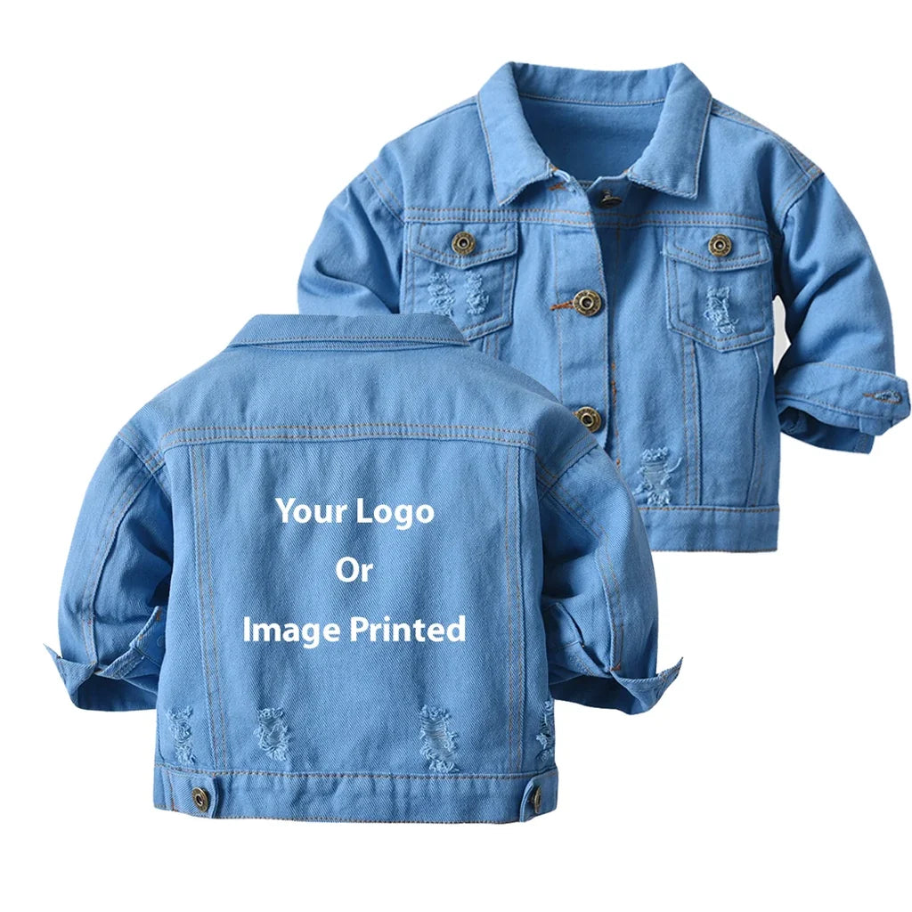 Custom Design Image Logo aviation design printed on classic denim with ribbed trim kids' denim jacket.