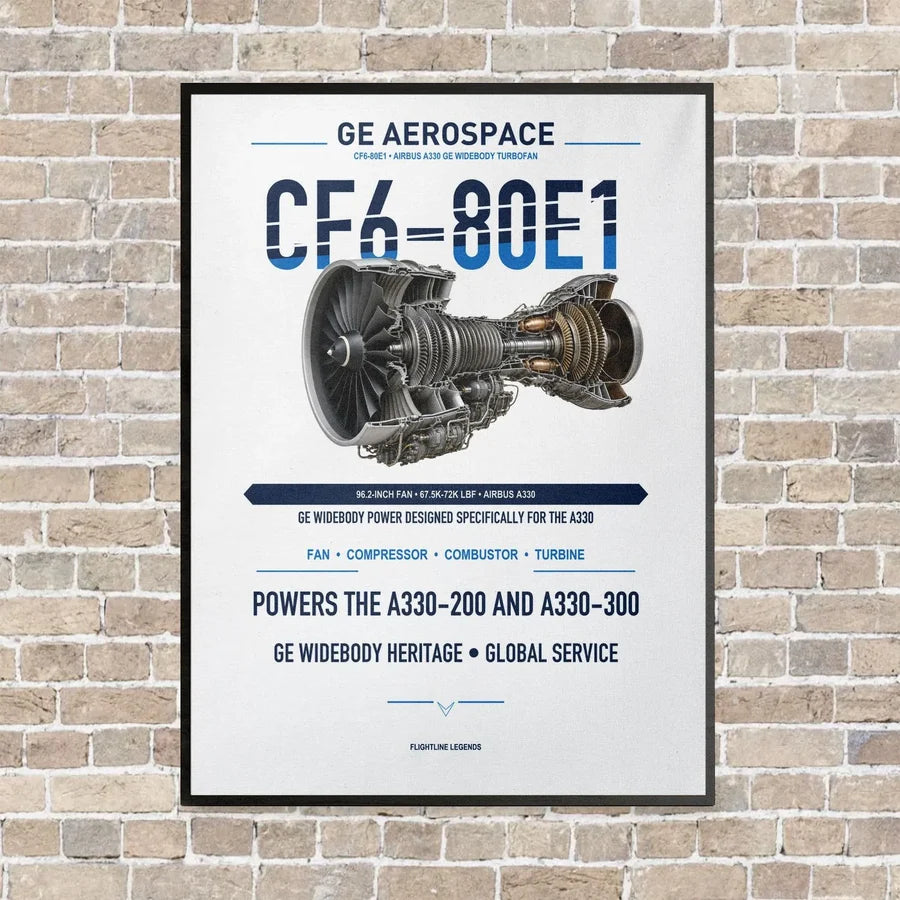 CF6-80E1 vertical canvas print - framed - white background