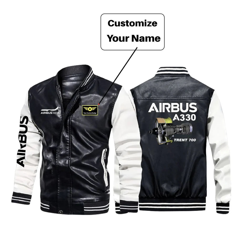 Airbus A330 & Trent 700 Engine aviation design printed on genuine leather with modern tailored fit stylish leather jacket.