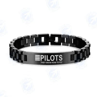 Thumbnail for Side view of Pilots They Know How To Fly aviation chain bracelet in stainless steel, polished finish.